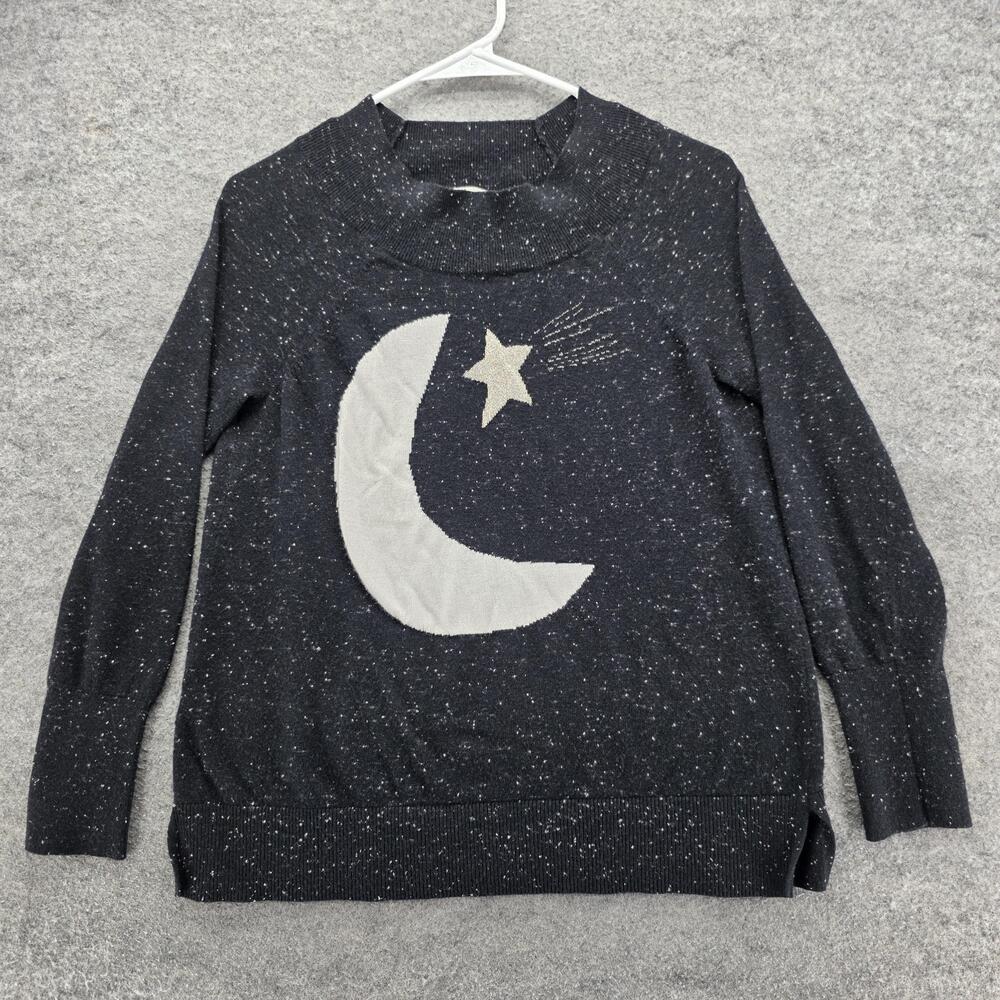 LOFT Sweater Womens Medium Black White Moon Star Pullover Crewneck Wool Blend